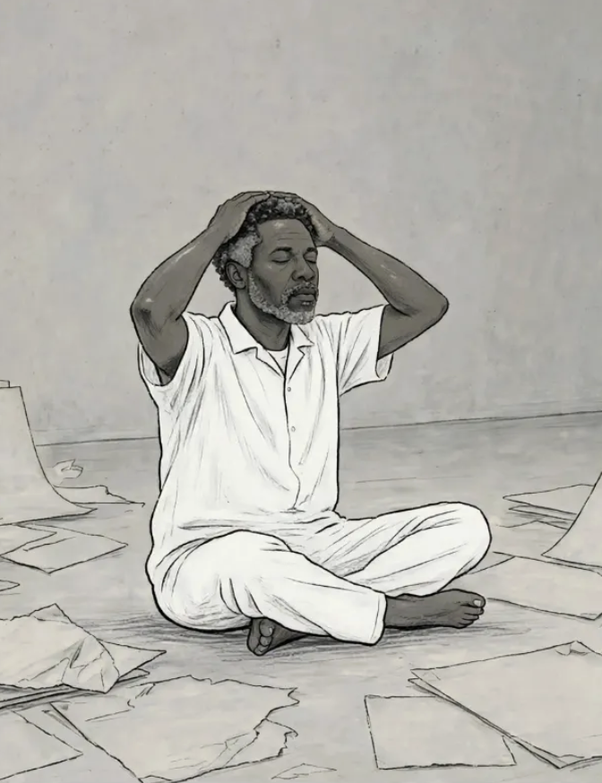 Illustration of Jamaal sitting on the floor of his cell with his hands on his head, surrounded by scattered papers